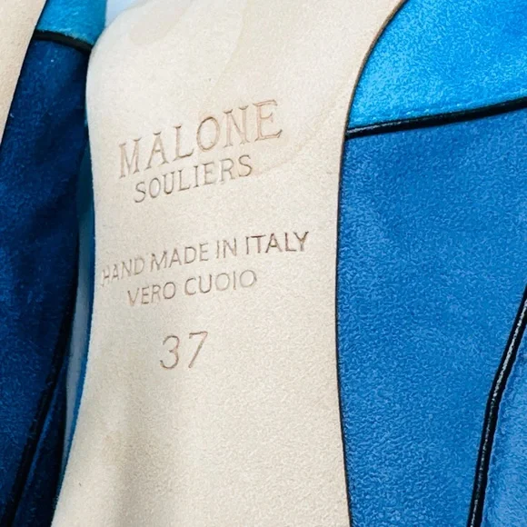 Malone Souliers Donna Fanned Blue Suede Colorblock Mules Heels Shoes Sandals - Picture 11 of 15